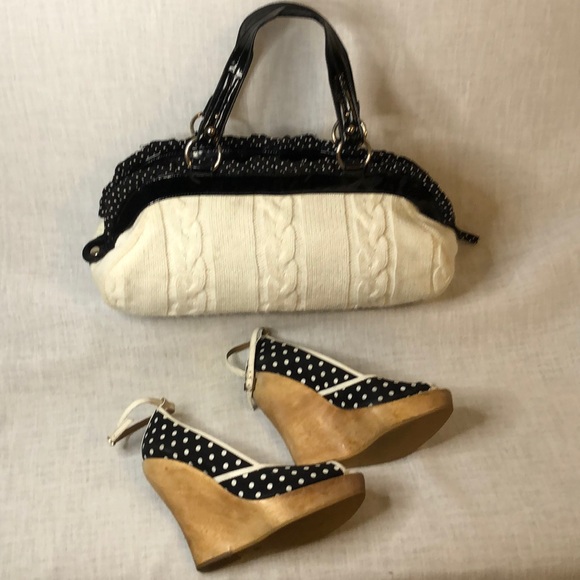 BEBE BLACK & WHITE POLKA DOT WOODEN HEEL PLATFORM - Picture 2 of 9